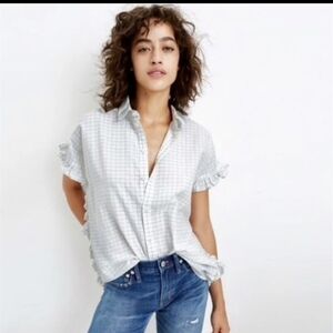 Madewell White Blue Check Windowpane Short Sleeve Ruffle Button Up Shirt Sz XS